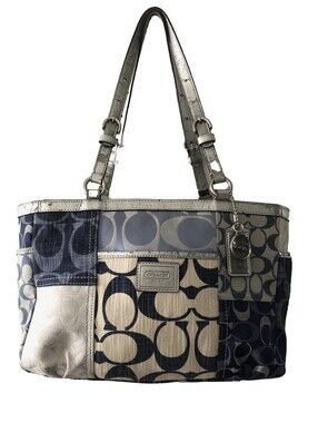 Vintage Coach 19047 Denim Patchwork Signature Tote Bag Y2K Blue Silver Purse